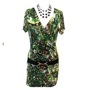 💚Green Print Tunic Dress with Black Belt
